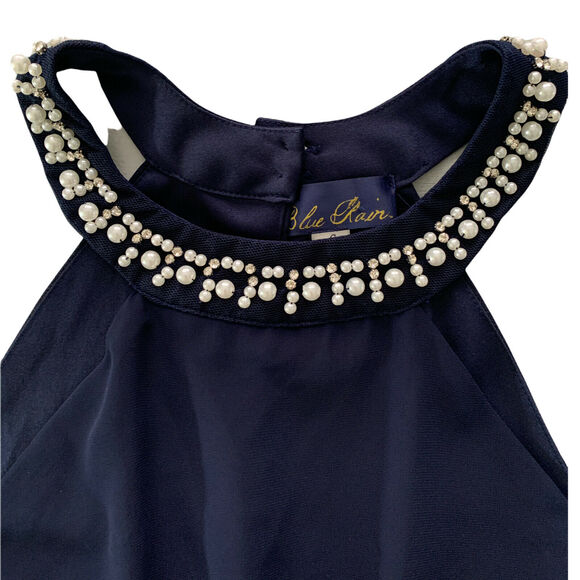 Blue Rain Womens Mini Dress Small Pearls Blue Beaded Lace Fit And Flare Halter - Picture 7 of 12
